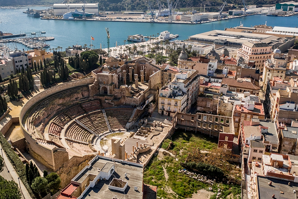 Aerial view of the Roman Theater of Cartagena in Spain.