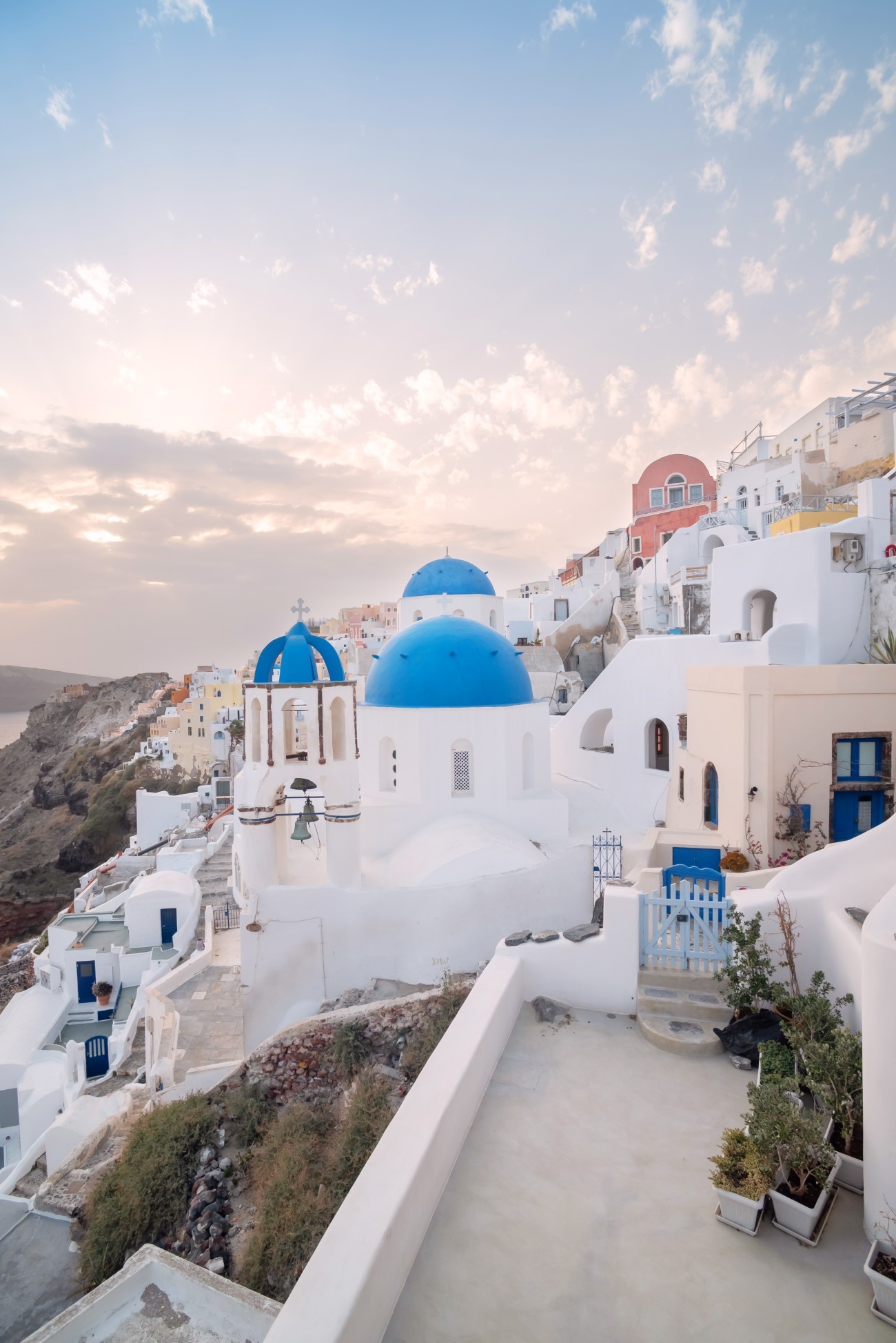 Sunrise over the caldera in Santorini, Greece.