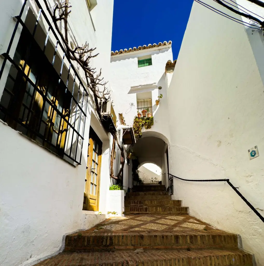 A small street and steps in the town of Frigiliana, Spain.