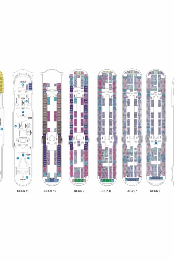 A vintage ocean-liner deck-plan illustration, showing cabins and decks labeled A through G.